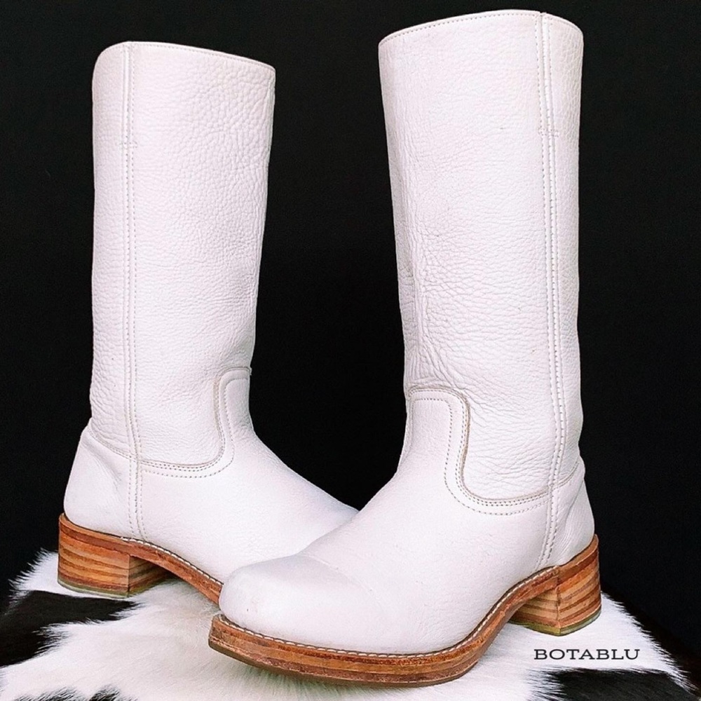 SOLD FRYE Campus Rare White 14L Western Motorcycle Tall Vintage Boots Womens 9.5 - Picture 1 of 11